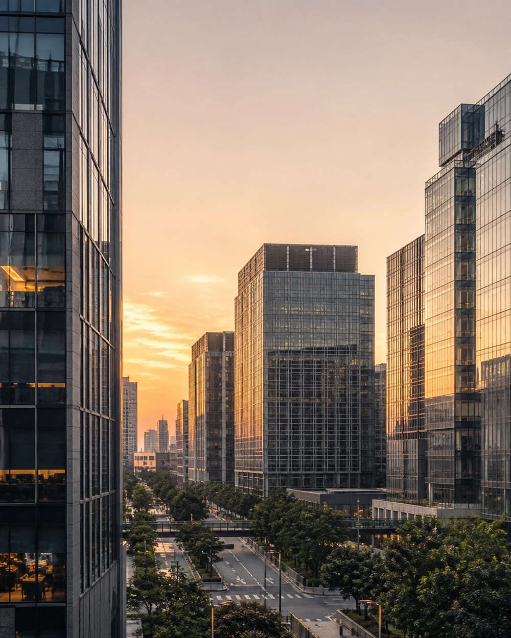 夕阳下的现代国际化城市商务区