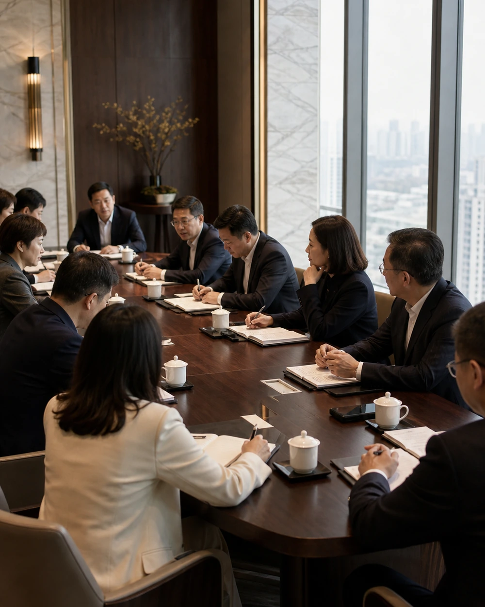 企业家在高级会议室进行产业合作圆桌讨论