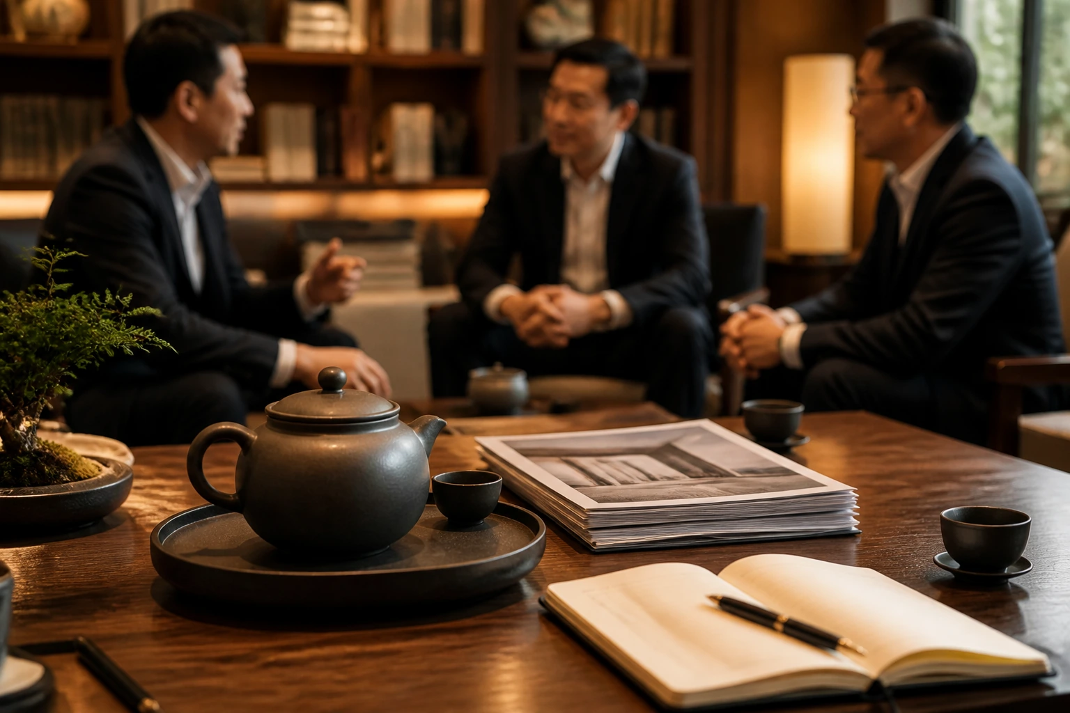 企业家围绕茶具和项目资料进行商务交流